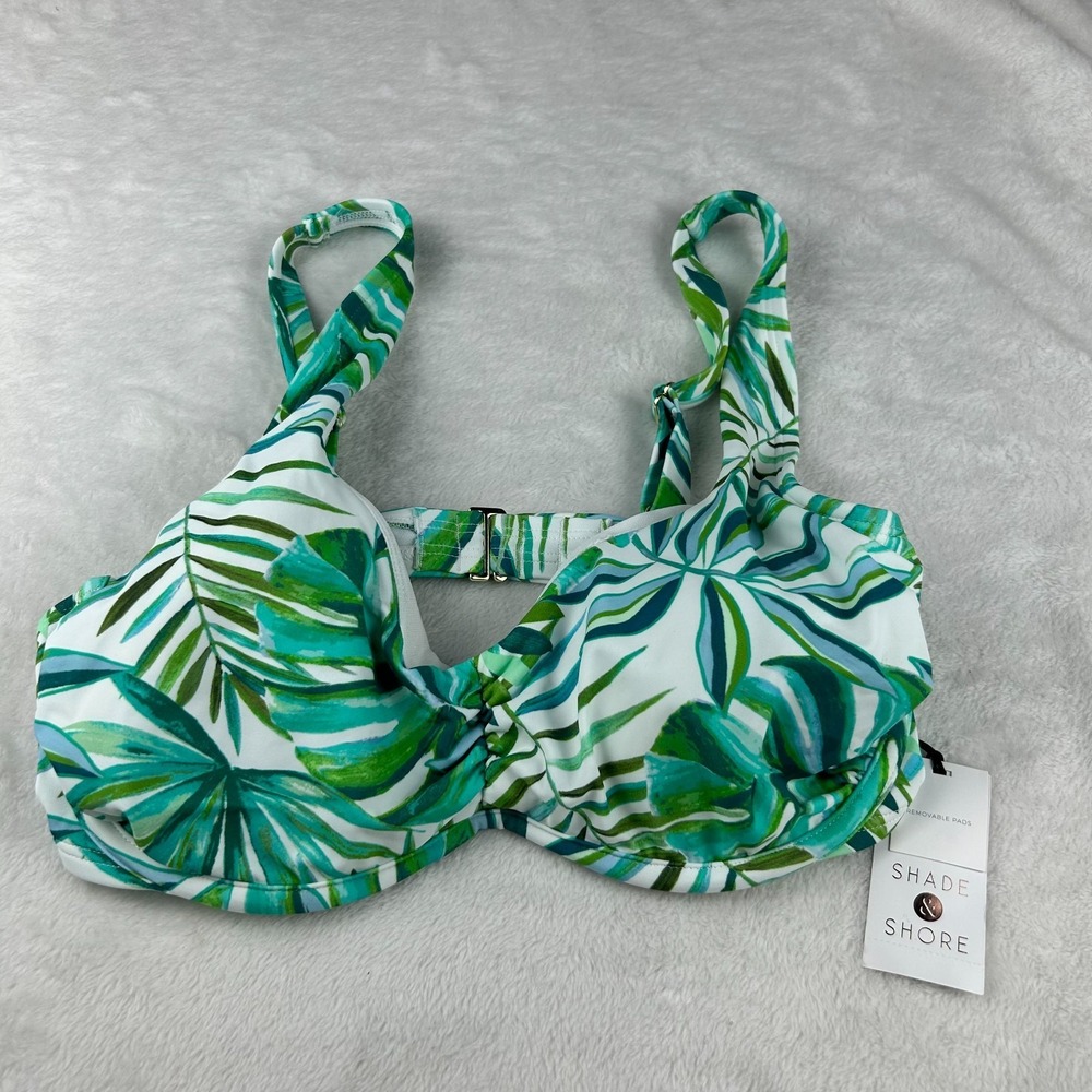 Shade & Shore Bikini Top Womens 36D Green Palm Removable Pads Underwire Swimwear